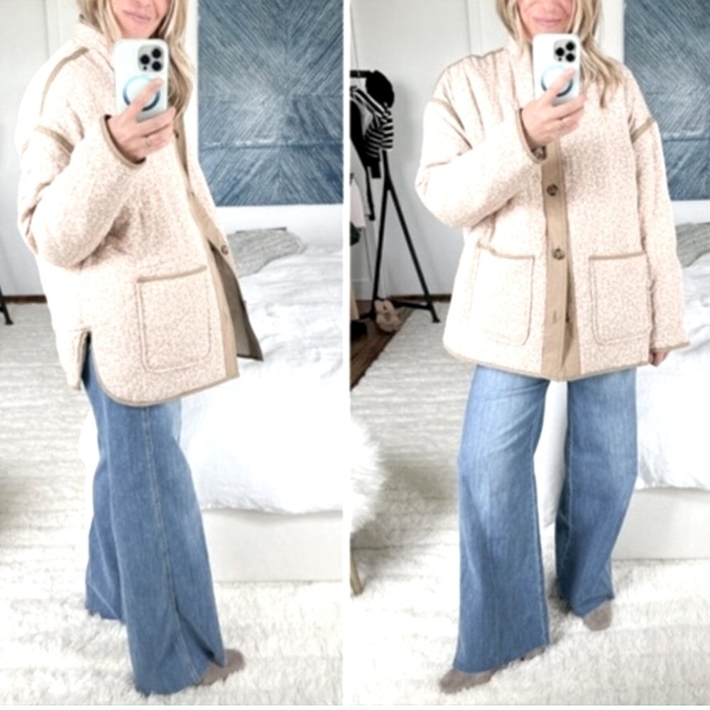 Blank NYC Oversized Quilted Reversible Button Up Floral Jacket Beige Coat